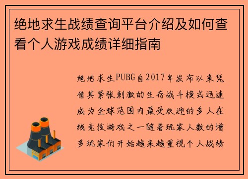 绝地求生战绩查询平台介绍及如何查看个人游戏成绩详细指南
